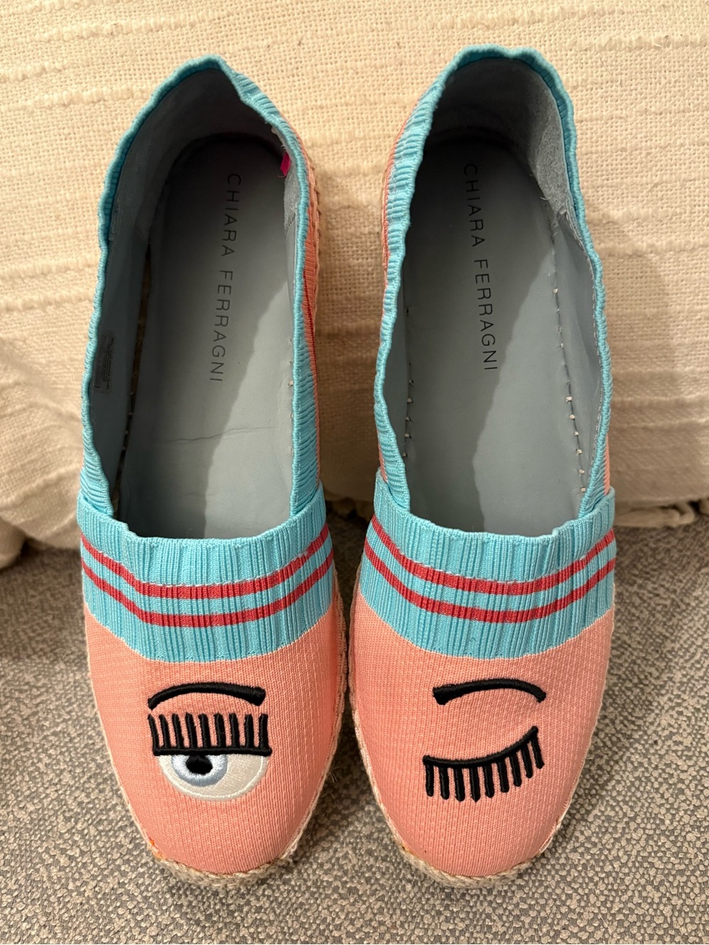 Chiara Ferragni Blue and Pink Winking Platform Flats 😜
